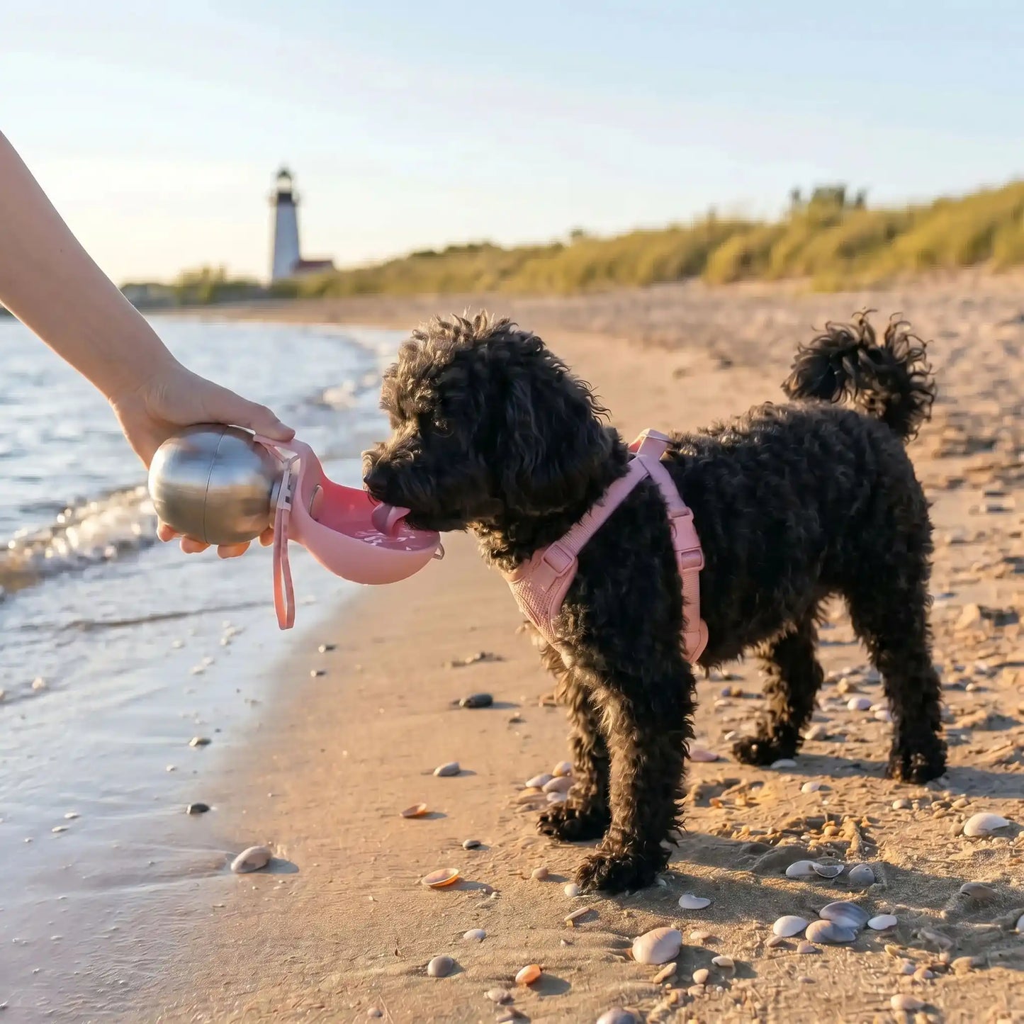 Chien maltipoo noir qui boit dans une gourde pour chien rose sur la plage