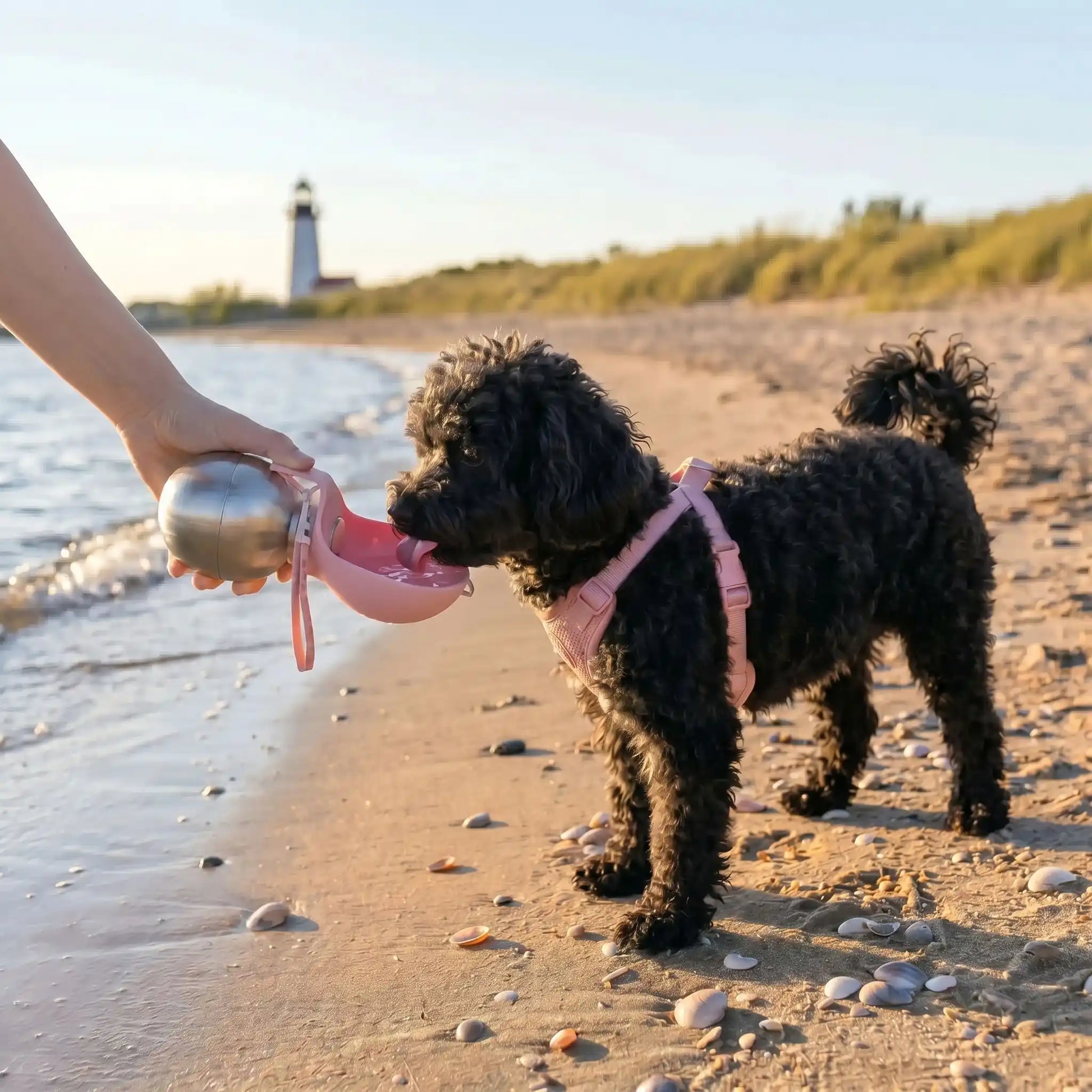 Chien maltipoo noir qui boit dans une gourde pour chien rose sur la plage