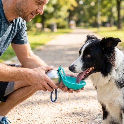 Homme qui donne à boire à son chien avec une gourde pour chien bleue dans un parc