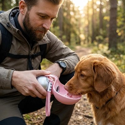 Homme qui donne à boire à son chien avec une gourde pour chien rose dans un parc